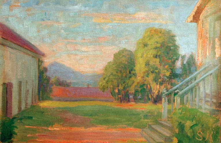 Sonnige Gartenansicht mit Treppe, Bäumen und fernen Bergen – Peder Severin Kröyer Norditalienische Villa Kunstkopie