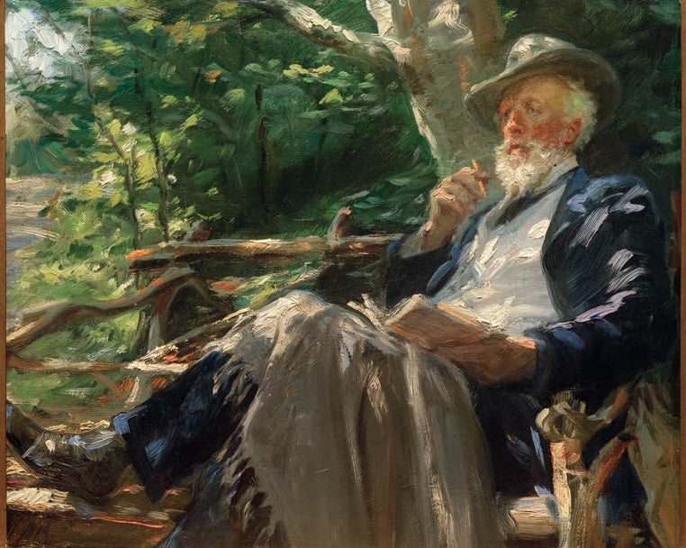 Bärtiger Mann mit Hut sitzt lesend im Wald – Peder Severin Kröyer Porträt des Dichters Holger Drachmann Kunstkopie