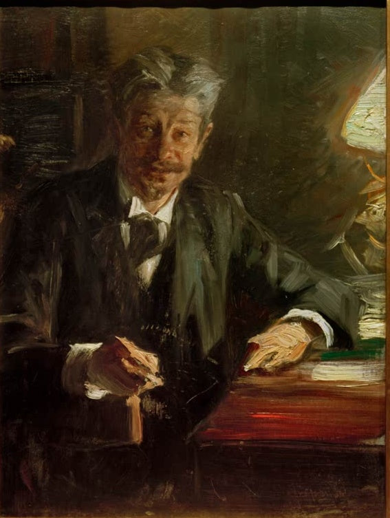 Grauhaariger Mann am Schreibtisch neben Lampe – Peder Severin Kröyer Porträt des Kritikers Georg Brandes Kunstkopie