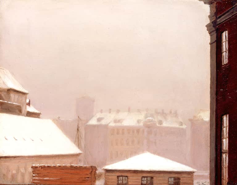 Verschneite Dächer in rosigem Dunst – Peder Severin Kröyer Schneebedekte Dächer, Kopenhagen Kunstkopie