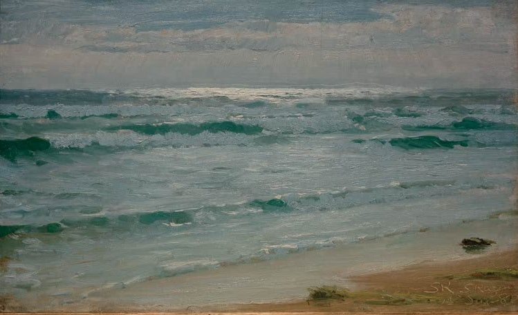 Grüne Wellen rollen unter bewölktem Himmel an den Strand – Peder Severin Kröyer Seestück. Skagen Kunstkopie