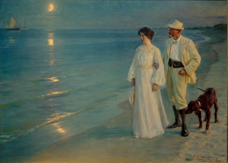 Paar mit Hund geht abends am Meer unter dem Mond – Peder Severin Kröyer Sommerabend am Strand von Skagen Kunstkopie