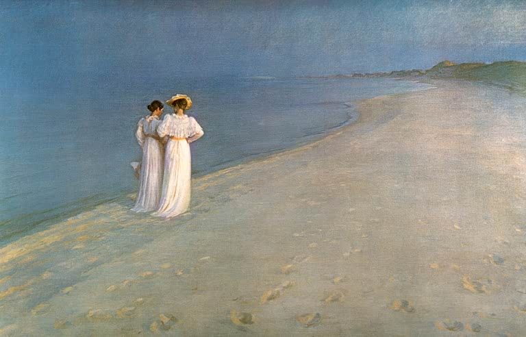 Zwei Frauen in hellen Kleidern am Abendstrand – Peder Severin Kröyer Sommerabend am Strand von Skagen Kunstkopie