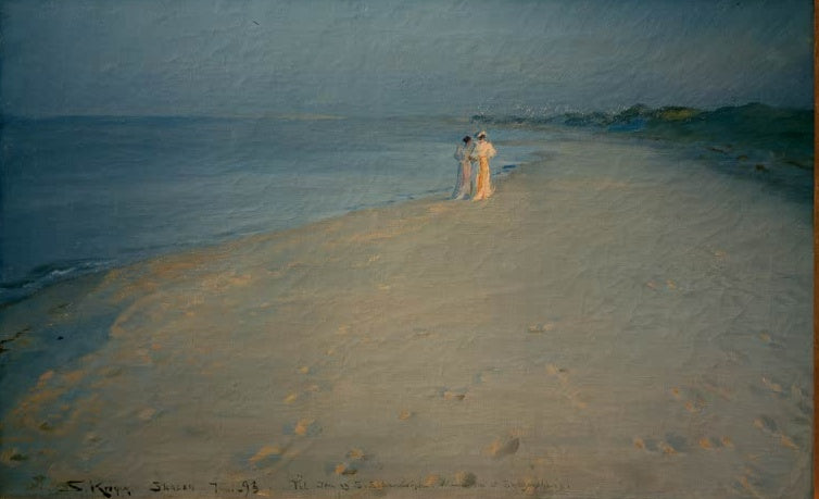 Zwei Frauen in hellen Kleidern am Abendstrand von Skagen – Peder Severin Kröyer Sommerabend am Südstrand, Skagen Kunstkopie