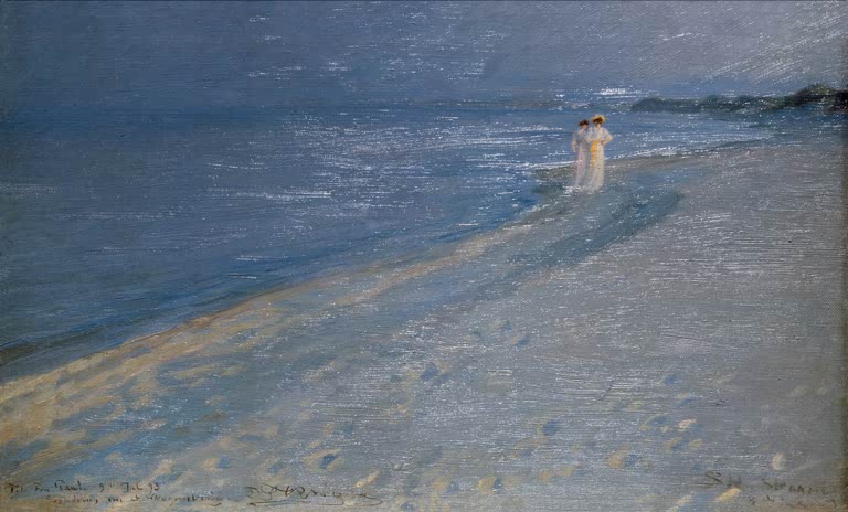 Zwei Spaziergängerinnen in Weiß am glitzernden Meer – Peder Severin Kröyer Sommerabend am Südstrand von Skagen Kunstkopie