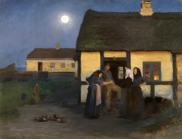 Dorfbewohner vor Reetdachhaus im Mondlicht – Peder Severin Kröyer Vor Christoffers Haus. Ein Mittsommerabend Kunstkopie
