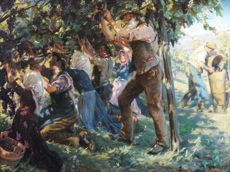 Weinlese: Pflücker und Frauen unter Reben im Sonnenlicht – Peder Severin Kröyer Weinernte in Tirol Kunstkopie