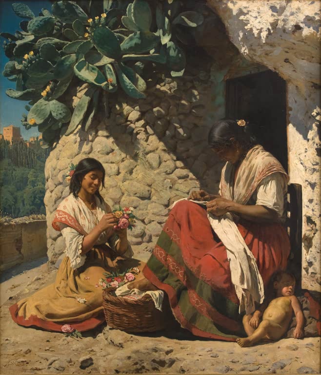 Zwei Frauen und ein Kind vor Steinhütte und Kaktus – Peder Severin Kröyer Zigeunerinnen vor ihrer Hütte Kunstkopie