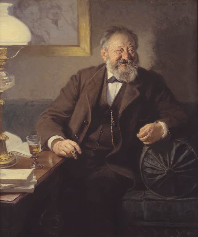 Peder Severin Kröyer Der Schriftsteller Sophus Schandorph Kunstkopie, lächelnder Mann mit Bart und Zigarre am Schreibtisch