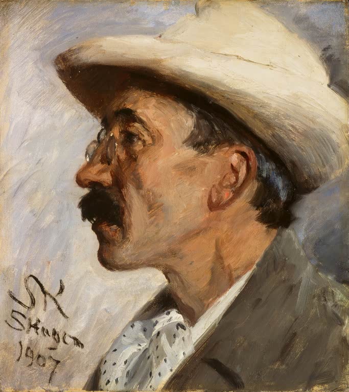 Peder Severin Kröyer Julius Paulsen Kunstkopie, Profilporträt eines Mannes mit hellem Hut und Zwicker