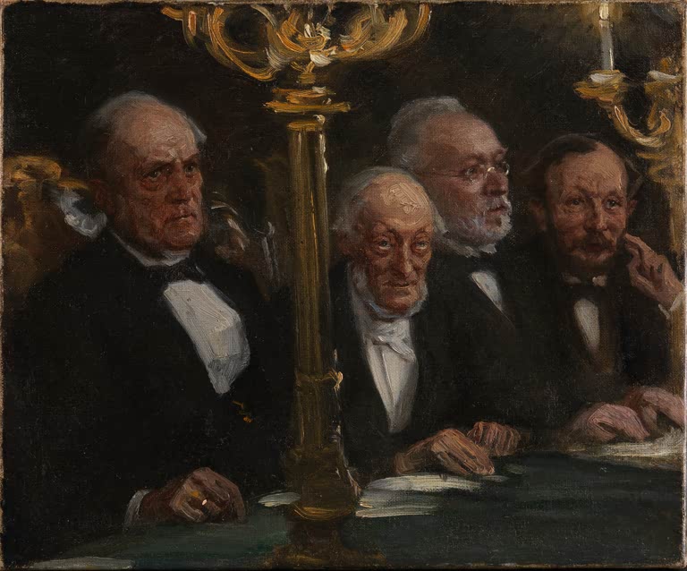 Peder Severin Kröyer Porträtgruppe Kunstkopie, vier Herren in dunkler Kleidung an einem Tisch unter goldenem Kandelaber