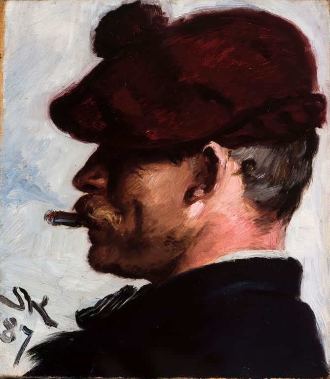 Peder Severin Kröyer Thorvald Niss Kunstkopie, Profilporträt eines Mannes mit roter Mütze und Zigarre vor hellem Grund