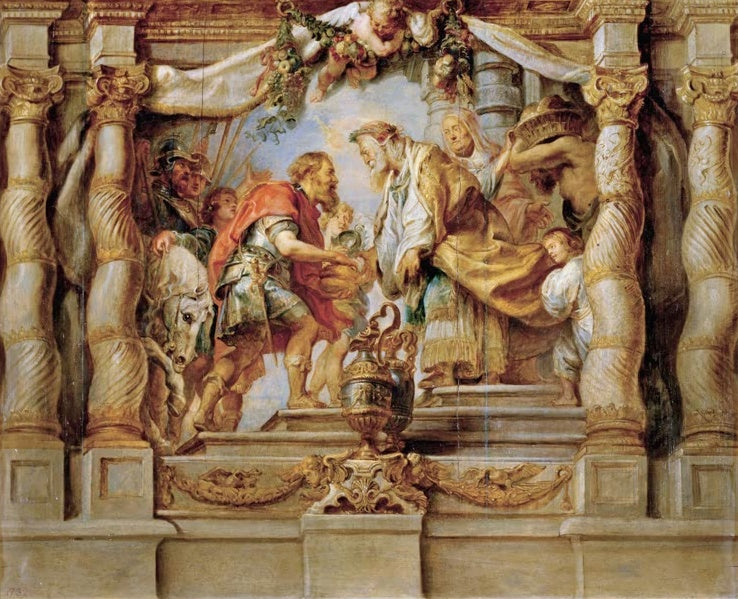 Peter Paul Rubens Abraham und Melchisedech Kunstkopie, Krieger überreicht dem Priesterkönig den Zehnten auf Stufen