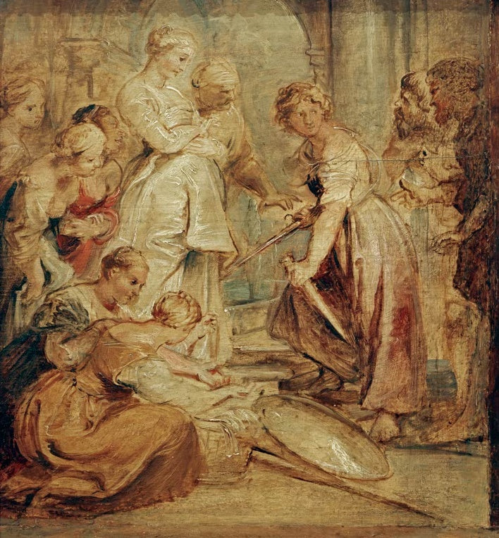 Peter Paul Rubens Achill unter den Töchtern des Lykomedes Kunstkopie, Mädchen mit Schwert und Schild in heller Halle