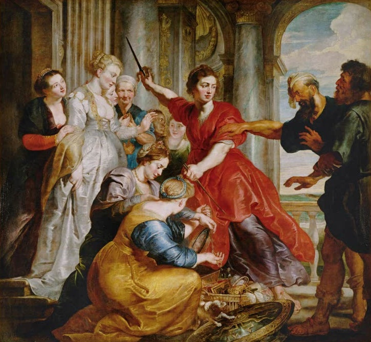Peter Paul Rubens Achilles unter den Töchtern des Lykomedes Kunstkopie, junge Frau in Rot greift zum Schwert