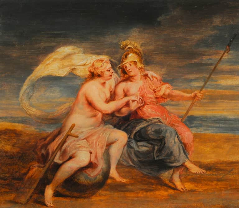Peter Paul Rubens Allegorie der Fortuna und der Virtus Kunstkopie, zwei Frauengestalten mit Helm und Ruder vor dunklem Himmel