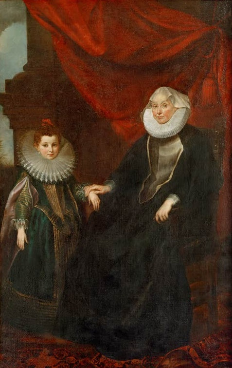 Peter Paul Rubens Alte Dame mit jungem Mädchen Kunstkopie, Frau in Schwarz mit Mädchen in Krause vor rotem Vorhang