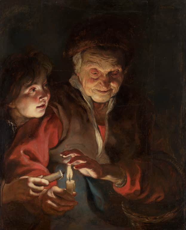 Peter Paul Rubens Alte Frau und Knabe mit Kerzen Kunstkopie, Gesichter im warmen Kerzenschein vor dunklem Grund