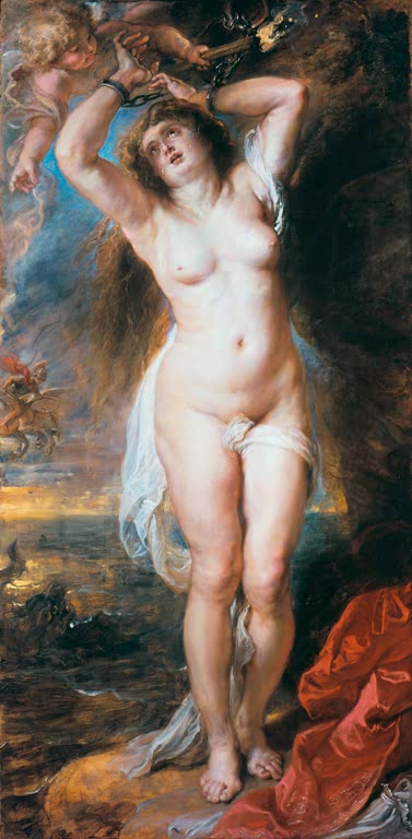 Peter Paul Rubens Andromeda Kunstkopie, an den Felsen gekettete Frau mit Putto, Perseus auf Pegasus und rotem Tuch
