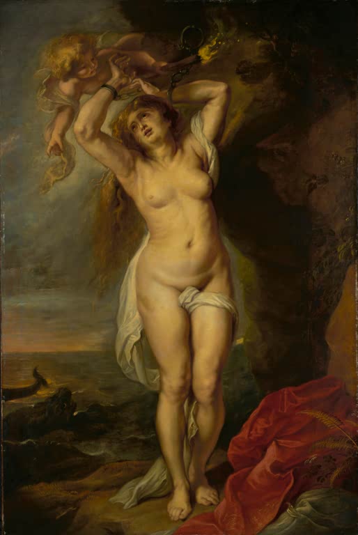 Peter Paul Rubens Andromeda Kunstkopie, an einen Felsen gekettete Frau, Amor mit Fessel, roter Stoff und Meer im Hintergrund