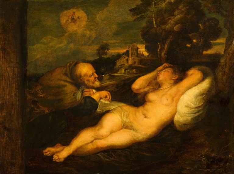 Peter Paul Rubens Angelika, vom Einsiedler belauscht Kunstkopie, schlafende Frau im Abendlicht und alter Mann in Kutte