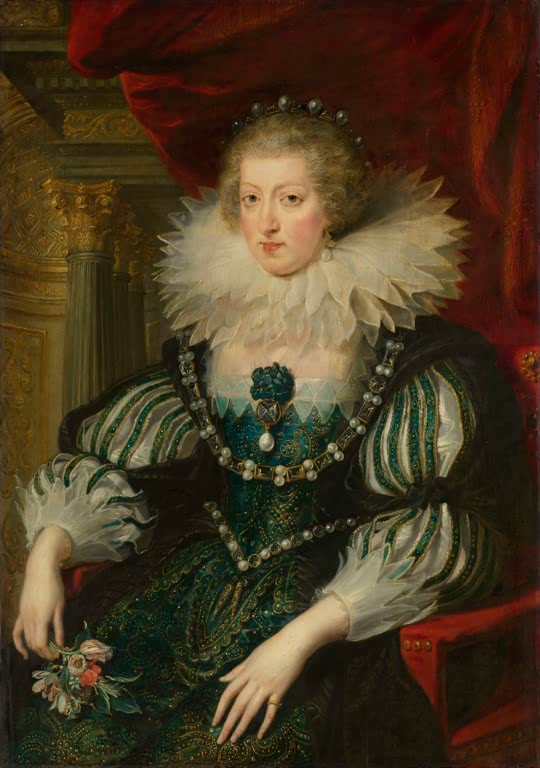 Peter Paul Rubens Anna von Österreich Kunstkopie, Königin mit Spitzenkragen und Perlen im grünen Kleid vor rotem Vorhang