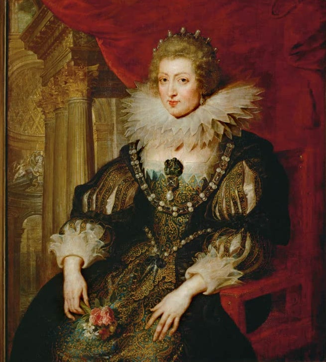 Peter Paul Rubens Anna von Österreich Kunstkopie, Königin mit Spitzenkragen, Perlenkette und Rosen vor rotem Vorhang