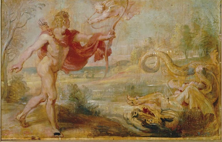 Peter Paul Rubens Apollo tötet die Pythonschlange Kunstkopie, Ölskizze mit Apollo, Bogen und Amor über dem Drachen