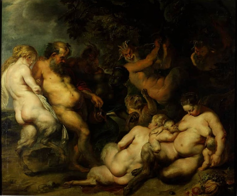 Peter Paul Rubens Bacchanal, Moskau Kunstkopie, Satyrn, Silen und eine stillende Bacchantin im Halbdunkel eines Waldes
