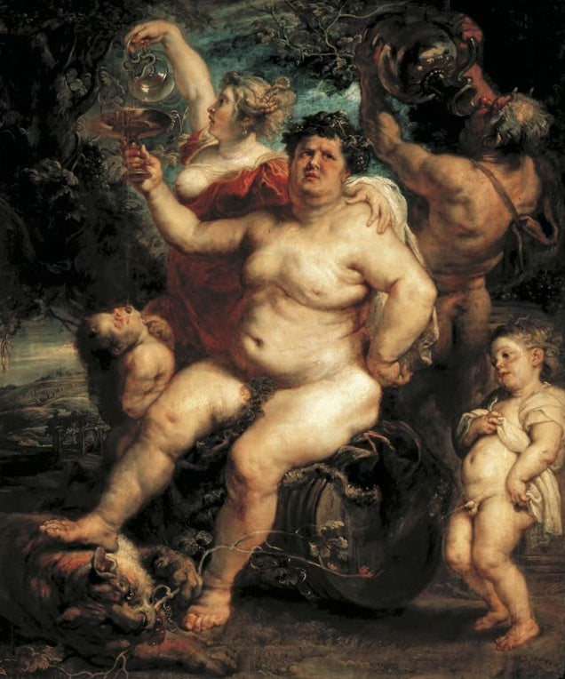 Peter Paul Rubens Bacchus Kunstkopie, kräftiger Weingott auf einem Fass mit Satyr, Kindern und Trinkschale