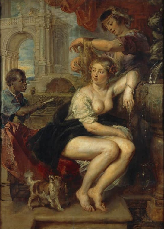 Peter Paul Rubens Bathseba am Springbrunnen Kunstkopie, junge Frau am Brunnen mit Dienerin, Brief und kleinem Hund