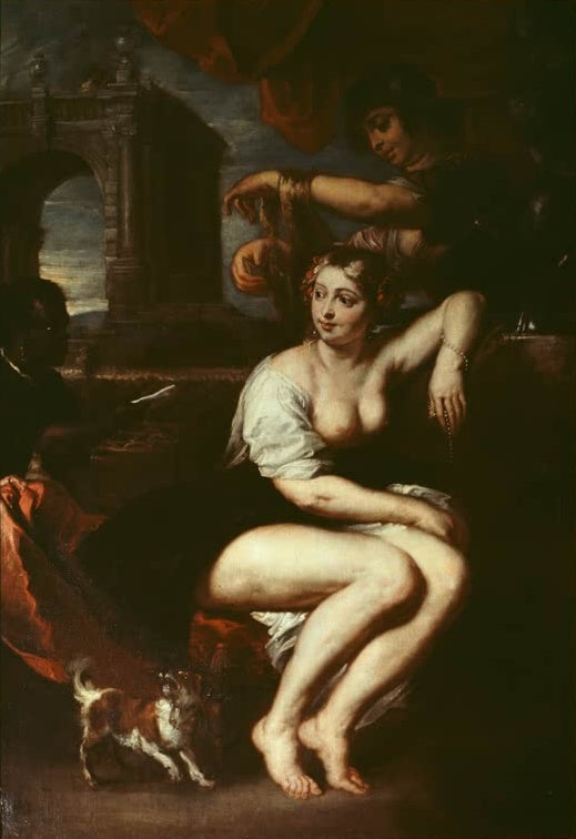 Peter Paul Rubens Bathseba am Springbrunnen Sammlung Alba Kunstkopie, junge Frau mit Dienerin, Brief und kleinem Hund