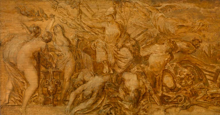 Peter Paul Rubens Bellona und Gefallene Kunstkopie, monochrome Ölskizze mit behelmter Göttin und klagenden Frauen