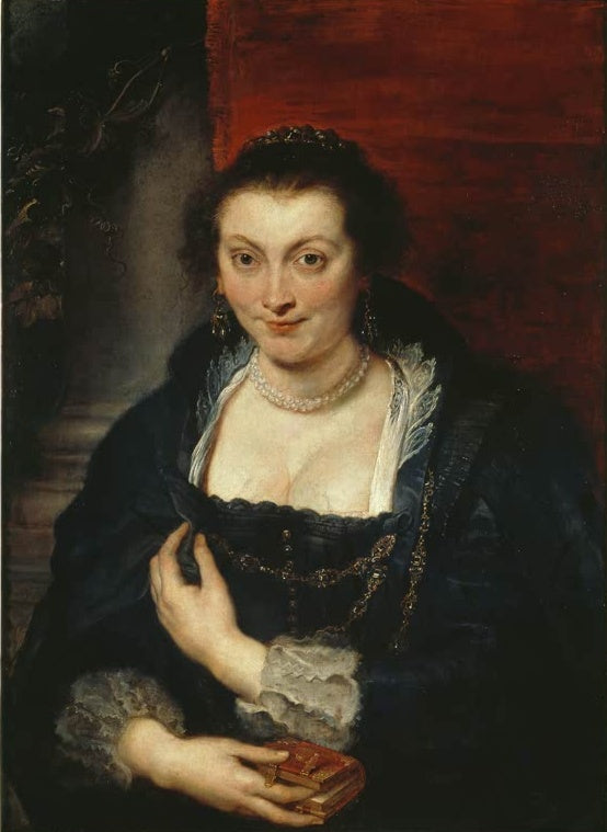 Peter Paul Rubens Bildnis der Isabella Brant Kunstkopie, lächelnde Frau in dunklem Kleid mit Perlenkette und Buch