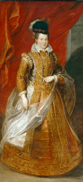 Peter Paul Rubens Bildnis der Johanna von Österreich Kunstkopie, Ganzfigur in goldbesticktem Kleid vor rotem Vorhang