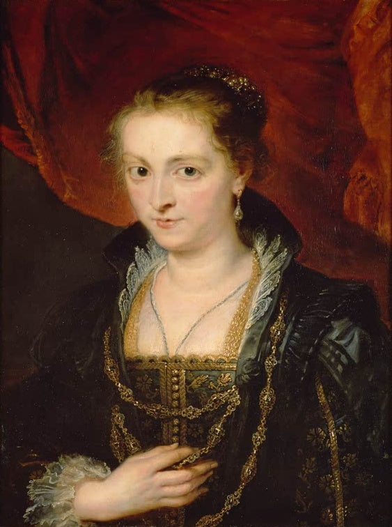 Peter Paul Rubens Bildnis der Susanna Fourment Kunstkopie, junge Frau mit Goldketten und Spitzenkragen vor rotem Vorhang