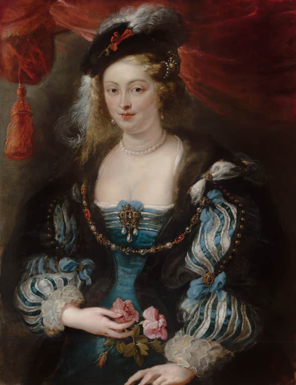 Peter Paul Rubens Bildnis einer jungen Frau Kunstkopie, Frau mit Federhut, gestreiften Ärmeln und Rosen vor rotem Vorhang