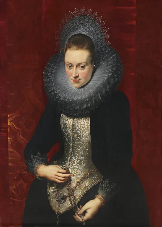 Peter Paul Rubens Bildnis einer jungen Frau mit Rosenkranz Kunstkopie, Dame in schwarzem Kleid mit Spitzenkrause
