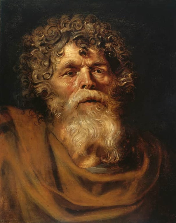 Peter Paul Rubens Bildnis eines bärtigen alten Mannes Kunstkopie, lockiger Kopf mit weißem Bart und ockerfarbenem Mantel