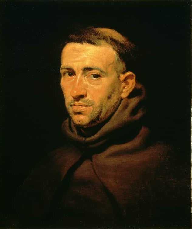 Peter Paul Rubens Bildnis eines Franziskaners Kunstkopie, Mönch mit Kapuze und wachem Blick vor dunklem Grund