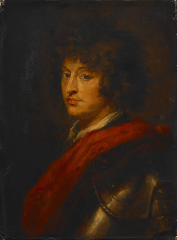 Peter Paul Rubens Bildnis eines jungen Mannes in Rüstung Kunstkopie, Lockenkopf mit rotem Schal und Harnisch