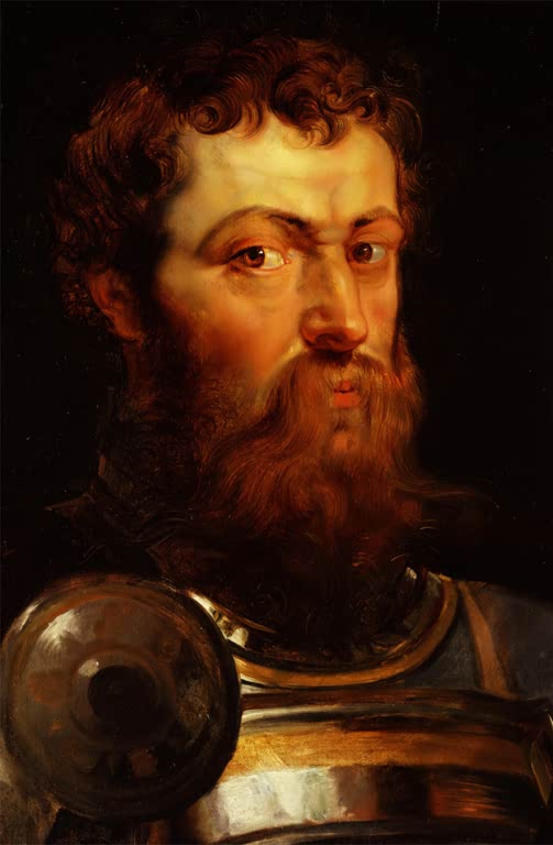 Peter Paul Rubens Bildnis eines Kriegers Kunstkopie, bärtiger Kopf mit lockigem Haar über glänzender Rüstung