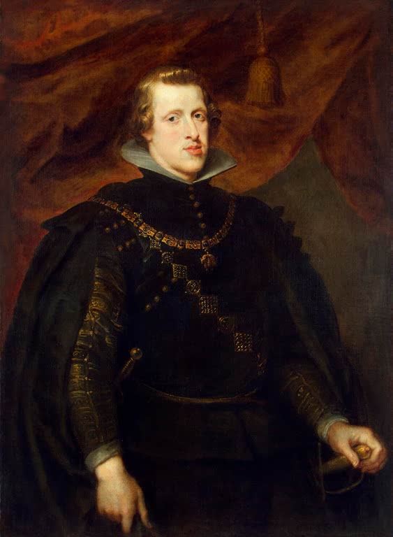 Peter Paul Rubens Bildnis Philipps IV. von Spanien Kunstkopie, König in schwarzem Gewand mit Ordenskette vor rotem Vorhang