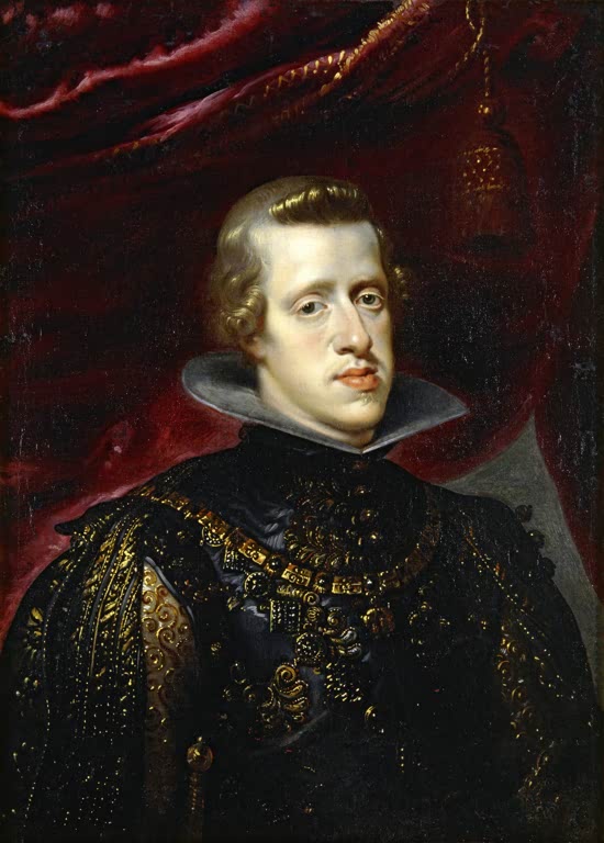 Peter Paul Rubens Bildnis Philipps IV. von Spanien Kunstkopie, König in schwarzem, goldbesticktem Wams vor rotem Vorhang