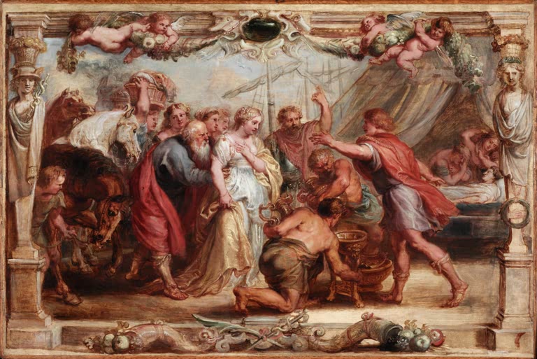 Peter Paul Rubens Briseis wird Achilles zurückgegeben Kunstkopie, Ölskizze mit Gefolge in gemalter Rahmenarchitektur