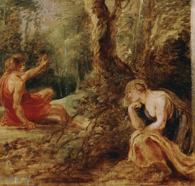 Peter Paul Rubens Cephalus und Procris Kunstkopie, Jäger im roten Gewand und lauschende Frau im herbstlichen Wald