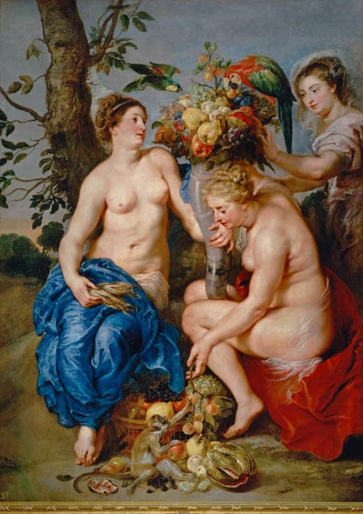 Peter Paul Rubens Ceres mit zwei Nymphen Kunstkopie, Göttin und Nymphen mit Füllhorn, Früchten, Papagei und Affe