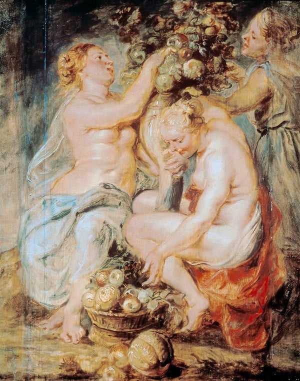 Peter Paul Rubens Ceres und zwei Nymphen mit Füllhorn Kunstkopie, Göttin und Nymphen mit Früchtekorb in warmem Licht