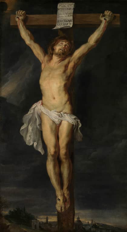 Peter Paul Rubens Christus am Kreuz Kunstkopie, gekreuzigter Christus vor dunklem Wolkenhimmel über einer Stadt