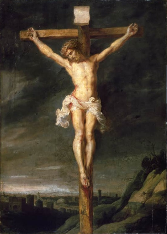 Peter Paul Rubens Christus am Kreuz Kunstkopie, gekreuzigter Christus vor dunklem Wolkenhimmel und ferner Stadt